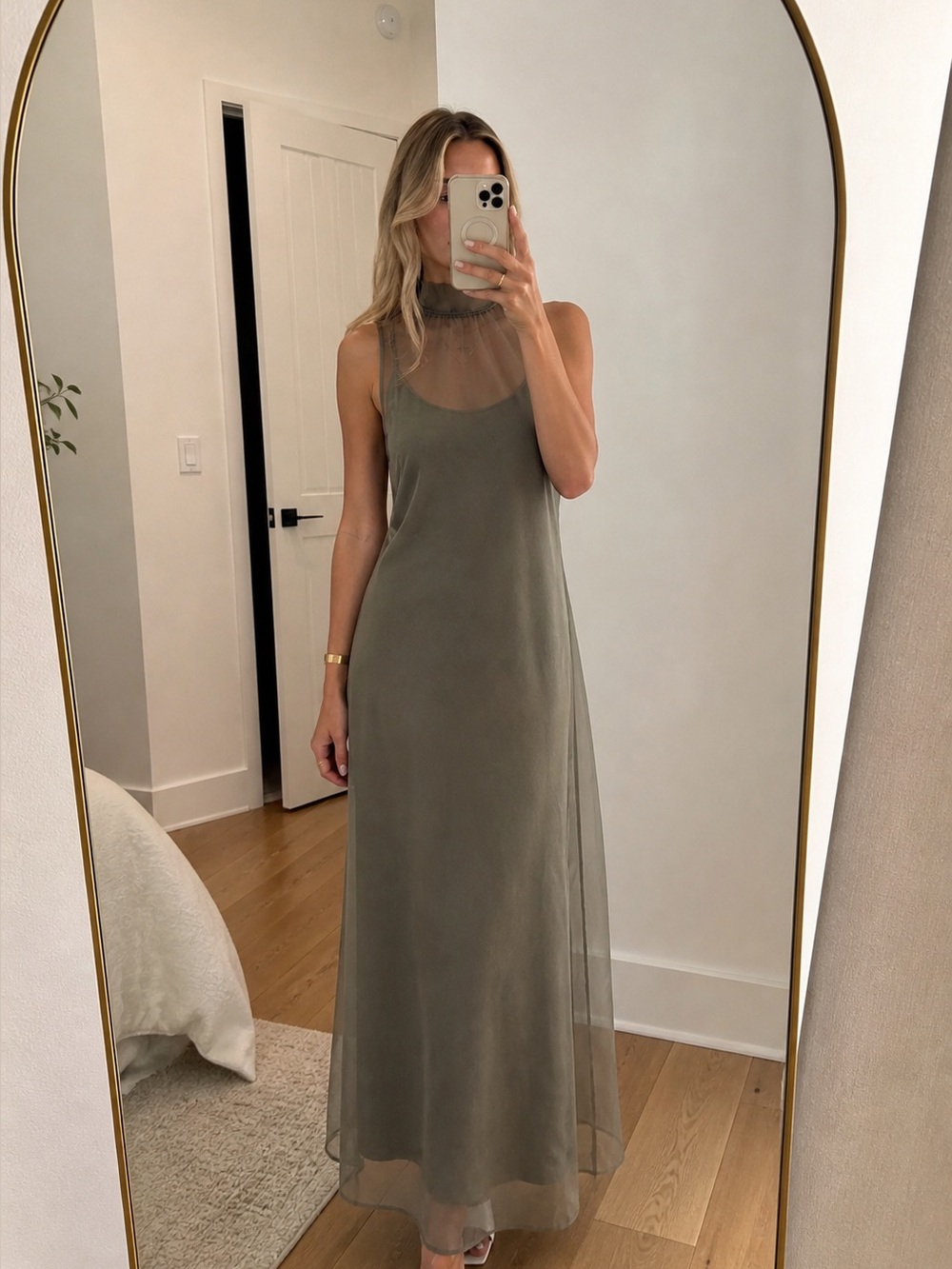Sheer-Overlay Maxi Dress in Olive Green